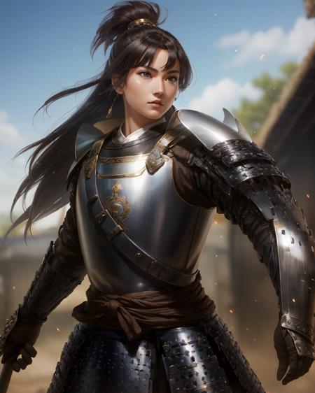 best quality,masterpiece,highly detailed,ultra-detailed, 
<lora:neg4all_bdsqlsz_V3.5:-1> 
A warrior wearing heavy armor, meticulously crafted with shiny metallic surfaces. The armor features intricate engravings and is adorned with a deep red attire, creating a striking contrast. The hairstyle is short and well-groomed, emphasizing the samurai's decisiveness and courage.
  <lora:nobunagakatana:1>, medieval,1girl,(Scale armor),An armor made of overlapping scales of metal,Enormous breasts ,,  narrow waist, Mohawk with Fiber Optic Spikes - Electric Blue    , fantastic details full face, dot nose,detailed Almond-shaped eyes, brown iris, straight eyebrows, brown beautiful Detailed Eyes,    lips at  (Medieval European Realm:1.3), A fantasy world set in the medieval period, rich in magic and mythical elements,