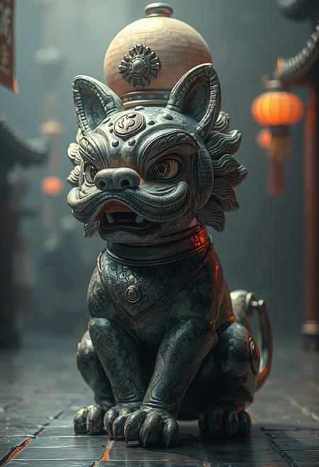 masterpiece, best quality, amazing quality, very aesthetic, high resolution, ultra-detailed, absurdres, newest,  photorealistic details, volumetric lighting, foo dog with a spherical head and no body