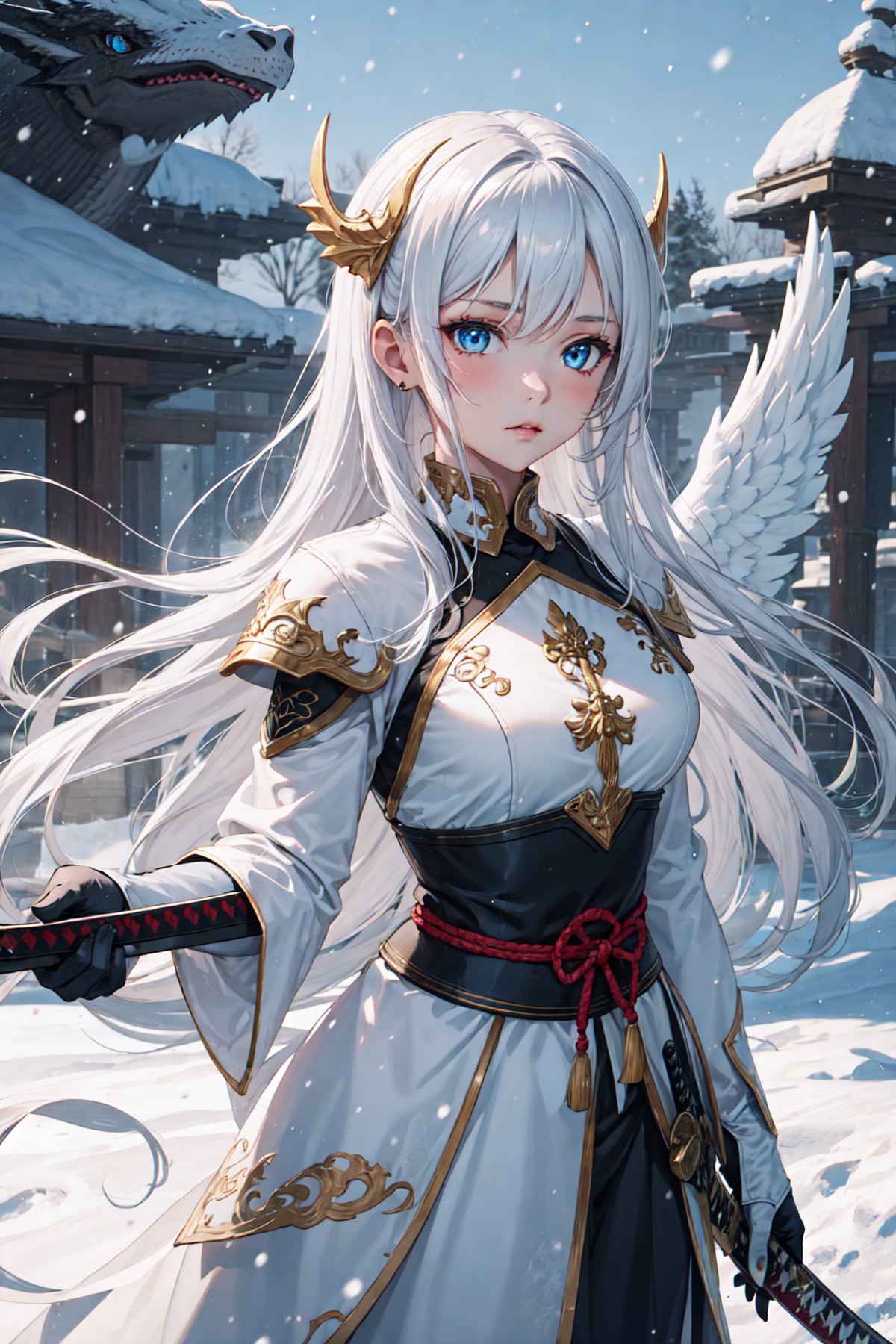 1girl, long hair, white armor, angel, dragon, blue eyes, blue tattoo, snow-white hair, katana,