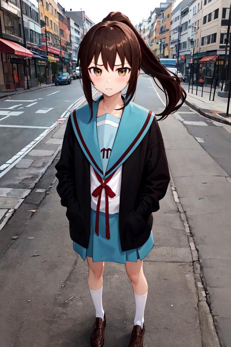 masterpiece, best quality, highres, kk1, 1girl, kyonko, ponytail, blue sailor collar, long sleeves, open cardigan, serafuku, blue skirt, skirt, brown cardigan, red ribbon, long hair, ribbon, socks, , frown, hand in pocket, street, <lora:kyonko_v1:0.6>