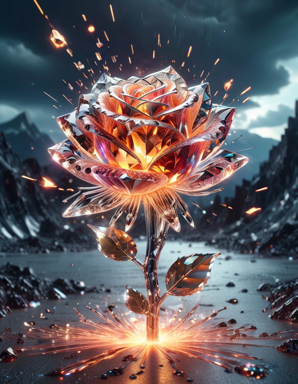 Award-winning photography of a beautiful, holding a lava rose in hand, exploding magic, hyper realistic, intricate details...