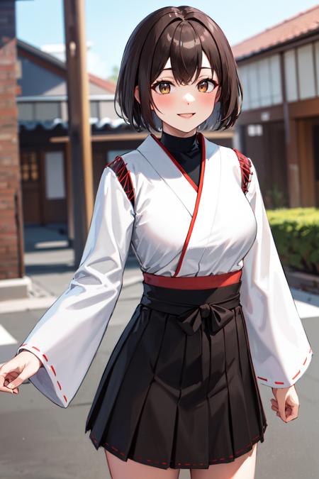 masterpiece, best quality, highres, hyuugaise, short hair, japanese clothes, long sleeves, hakama skirt, black skirt, <lora:hyuuga_&_ise_v1:0.8>, cowboy shot, standing, outdoors, smile