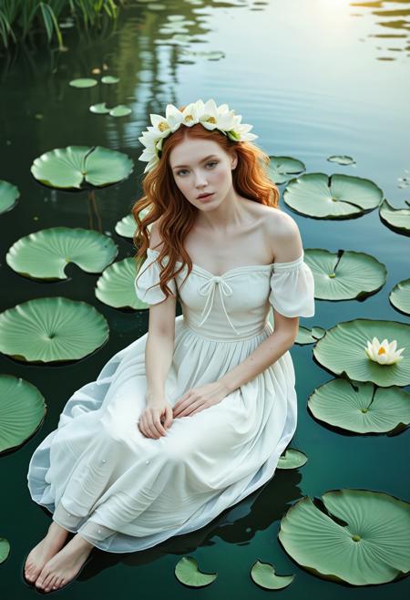 rating_safe, breathtaking detailed, masterpiece, absurdres, awe-inspiring, best quality, vibrant colors, photorealistic, (elegant red-haired woman) lying gracefully in a small wooden boat, BREAK (floating among giant lily pads on a still emerald lake), (wearing a flowing white dress with soft folds and off-shoulder sleeves), BREAK (holding a blooming lotus flower in both hands), (flower crown of fresh white blossoms and green leaves in her hair), BREAK (eyes gently closed, peaceful expression), (sunlight filtering through trees casting dappled light and soft shadows), BREAK (ethereal, romantic atmosphere), (high-detail folds in fabric), (calm water reflection with gentle ripples), BREAK (soft golden light, dreamy color palette), (lush natural environment, tranquil and cinematic mood), (delicate skin tones and gentle makeup), BREAK (rich textures, warm highlights)    <lora:sdxl_Lumiya_SDXL.safetensors:1.0:1.0> <lora:sdxl_crazywhatever-style.safetensors:0.4:0.4>