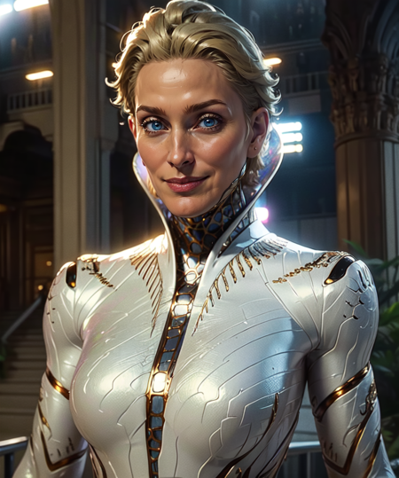 Tilda,white bodysuit,short blonde hair,blue eyes,
upper body,solo,standing,light smile,
upper body,
science fiction,museum,
(insanely detailed, beautiful detailed face, masterpiece, best quality),<lora:TildavanderMeerHFW-10:0.7>,