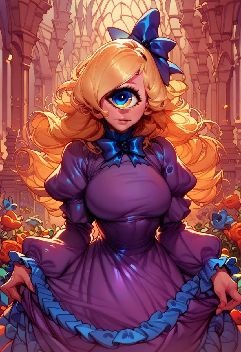 score_9, score_8_up, score_7_up, score_6_up, Dorothea, cyclops, long blonde hair, purple dress, bow, dress, frilled dress, frills, large bow, long sleeves,