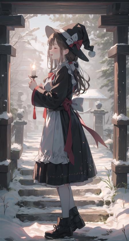 1girl, long hair, lantern, solo, holding lantern, hat, very long hair, snow, holding, ribbon, black headwear, red ribbon, long sleeves, apron, snowing, standing, bow, closed eyes, bangs, outdoors, witch hat, signature, night, neck ribbon, dress, from side, full body, stairs, brown hair, smile, closed mouth, black dress, blonde hair, tree, white apron, tassel, braid, white bow, floating hair, kirisame marisa, black footwear, winter, skirt, torii, profile, red bow, black skirt, wide sleeves, dappled sunlight, <lora:light-000004:1>