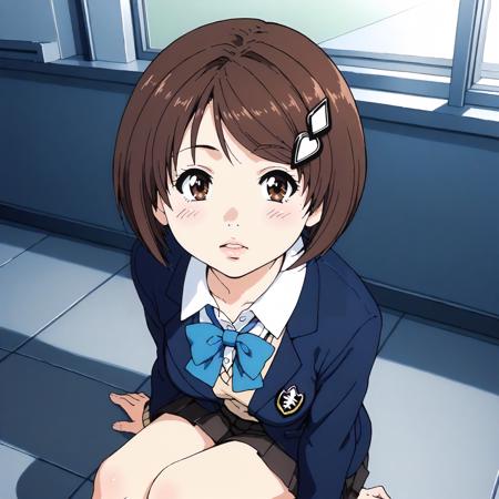 SayakaYuzuhara,1girl,brown hair,short hair,hair_ornament,brown eyes, school_uniform,blue jacket,long_sleeves,sweater_vest,bowtie, pleated_skirt,