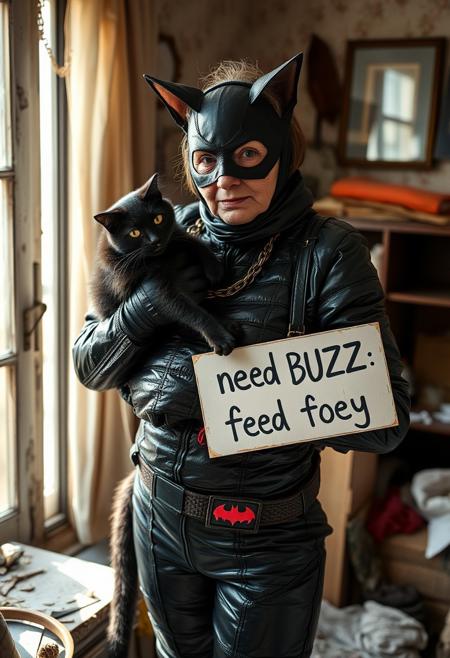 Closeup of old 77 year old Catwoman from batman movie in worn catsuit crafted from  thrash bags standing and holding chubby black cat in her dilapitated apartment with 30cats, sunlight coming from window, she is holding sign "need BUZZ to feed my cats"