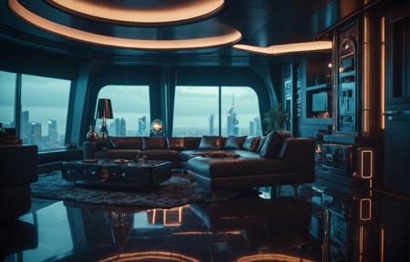 cinematic film still elegant cyberpunk penthouse apartment, slippery laminate-latex interior design,  futuristic finish . shallow depth of field, vignette, highly detailed, high budget, bokeh, cinemascope, moody, epic, gorgeous, film grain, grainy