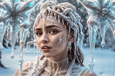 <lora:Xmas2:0.7> Xmas woman, ice covered with icicles, ornaments, fantasy, cinematic