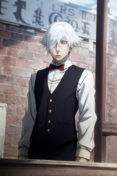 (masterpiece, best quality:1.4), decim \(death parade\), black vest, red bowtie, white shirt, upper body, outdoors <lora:ironcatlora7Decim_v10:0.8>