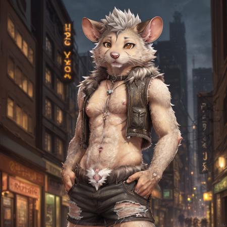 uploaded on e621, anthro, nsfw, furry, explicit, explict, (rat, skaven), high res, ((detailed realistic image:1.5)), (detailed eyes, expressive eyes:1.2), impasto impressionism, insane details, soft, cinematic lighting, (hyper realistic fur:1.6), (detailed fur:1.4), pupils, (full body view), (fur covered body), (male), (athletic:1.2), (slightly chubby:0.5), (rat features, rodent features), (expressive face, detailed face:1.3), (smirk:1.2), (anime hair:1.3), (realistic quality:1.6), photographic quality, nipples, belly button, full color, (3d:1), (graying hair:1.3), (highly detailed:1.5), (shorts, vest), night, (city background), collar, dystopian, (biker), (kemono:1)