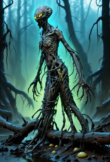 dark horror, alien infested swamp, glowing green fog, twisted black trees, slimy roots, alien creature, tall emaciated form, translucent gray skin, elongated claws, glowing yellow eyes, drooling black ichor, crouched on decayed log, surrounded by bioluminescent fungi, pulsating blue, scattered human bones, rusted spaceship wreckage, faint static hum, air thick with methane stench, very detailed atmosphere, high contrast, ultra-detailed, realistic textures, terrifying extraterrestrial scene