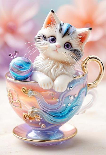 A tiny, chubby kitten made entirely of delicate fused glass, curled up inside a floating glass teacup filled with glowing, swirling liquid light. The kitten’s soft, prismatic fur shifts between gentle shades of pearlescent lavender, icy blue, and soft peach as it stretches its tiny paws. Its big, sparkling eyes shine with an innocent, dreamy glow.
The teacup is ornately decorated with golden stained-glass accents, its curved handle forming a delicate heart shape. Around it, miniature floating glass planets orbit in a mesmerizing pastel galaxy, casting twinkling reflections that ripple across the scene. Soft, fluffy glass clouds drift by, illuminated by the warm hues of a magical sunrise.
Fused Glass style, ultra-detailed, hyper-cute, magical reflections, dreamy pastel tones, glowing stained-glass accents, ultra-adorable mood, cinematic softness, heartwarming depth. novuschroma54 style