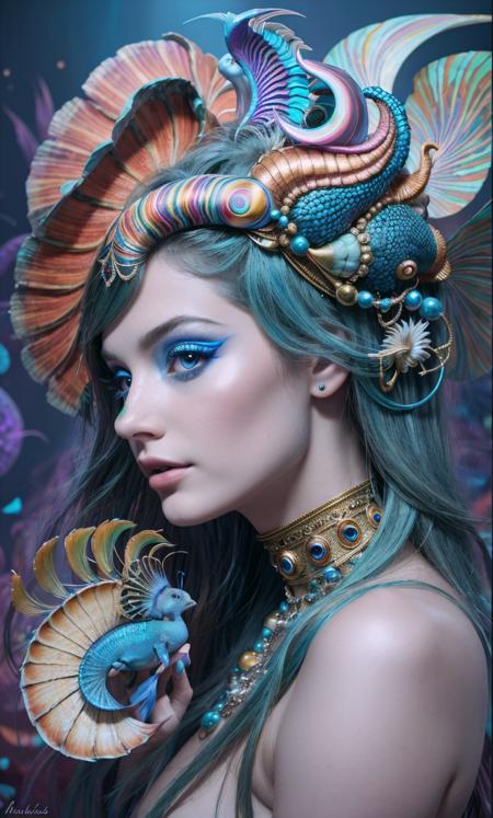 best qualtiyï¼tmasterpieceï¼(photograph realisticï¼1.4ï¼ï¼ultra-realistic realismï¼Dream-likeï¼The beautiful blue-skinned goddess wears a phoenix peacock on her head, Nautilus, a betta fishï¼The creation of fantasyï¼Brain conchï¼Dream Conchï¼Biopunk Nautilusï¼Thrilling color schemeï¼ ultra-realistic realismï¼ abstractedï¼ psychedelia,