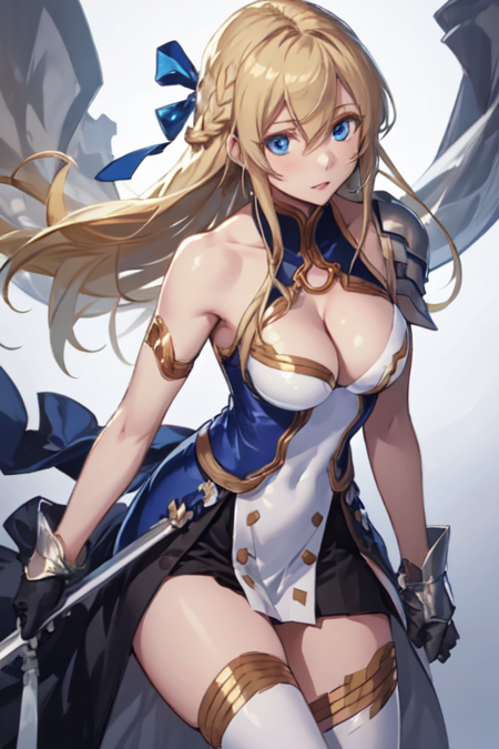 JeanneKaguyadArc, 1girl, solo, long hair, blue eyes, blonde hair, braid, single thighhigh, white thighhigh, black gloves, dress, cleavage, bare shoulders, medium breasts, hair ribbon, cleavage cutout, armor,