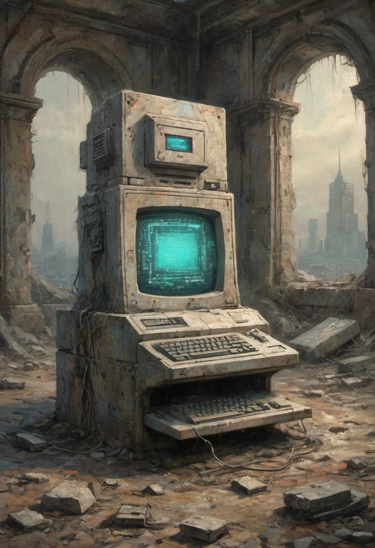 dystopian retro-futuristic computer in ruins