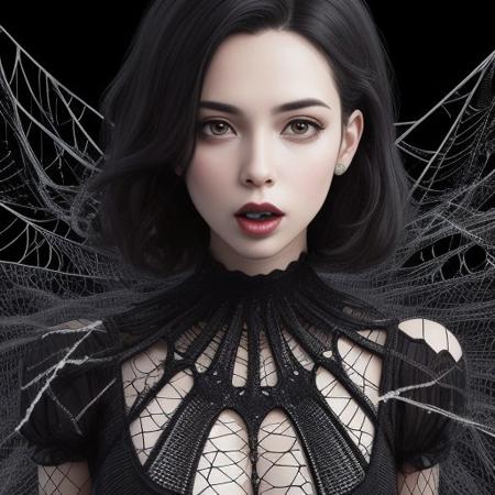 A woman against a black backdrop, she wears a dress that imitates a large extended spider web, close up, she has her mouth open, she has a bulb hair styled hair