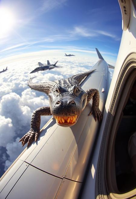“A crocodile jogging on the wing of an Airbus, its scaly body moving with surprising agility in the wind, looking directly at the viewer through the window of the plane. The scene is captured with a cheap GoPro camera using a hyper fisheye lens, creating a distorted, wide-angle view. The plane is cruising high above the clouds, sunlight reflecting off its metal surface. Inside the cabin, passengers are visible through the window, clearly startled by the sight. The crocodile has a scary, creepy clown smile, its sharp teeth visible as it grins unsettlingly. In the background, an F-35 fighter jet floats among the clouds, adding to the surreal, bizarre atmosphere of the scene.”