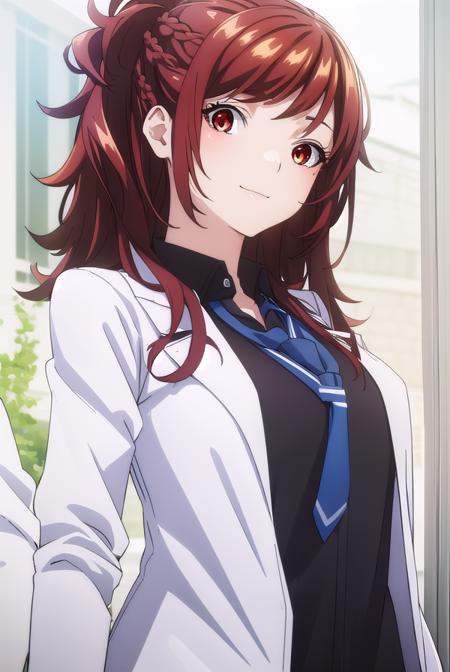 kaedekazama, <lora:kaede kazama s1-lora-nochekaiser:1>,
kaede kazama, long hair, bangs, (red eyes:1.3), ponytail, braid, sidelocks, red hair, smile,
BREAK skirt, shirt, long sleeves, school uniform, jacket, necktie, collared shirt, uniform, (black shirt:1.5), (white jacket:1.5), blue necktie,
BREAK indoors, classroom,
BREAK looking at viewer, (cowboy shot:1.5),
BREAK <lyco:GoodHands-beta2:1>, (masterpiece:1.2), best quality, high resolution, unity 8k wallpaper, (illustration:0.8), (beautiful detailed eyes:1.6), extremely detailed face, perfect lighting, extremely detailed CG, (perfect hands, perfect anatomy),