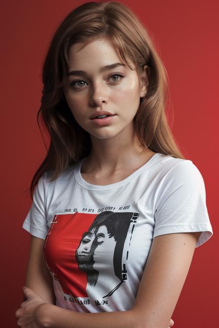 ChloeMelton, ((t-shirt:1.5)), studio lighting, (closeup on upper body:1.3), (oiled shiny skin, tilted angle shot, 8k uhd, best quality, masterpiece, sharp focus:1.4), (basic red backdrop:1.7)