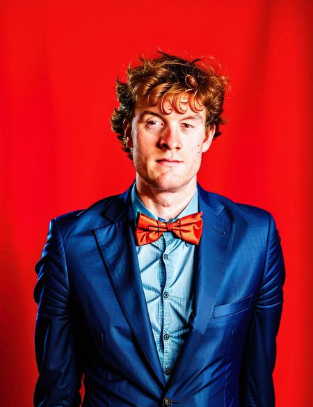 Professional photograph portrait of acaster, close-up on face, male focus, 1boy, face details, tangerine background, long hair, male_focus, wool blazer, tie, headshot, looking at viewer, sleepy eyes, awkward smile, satin tophat