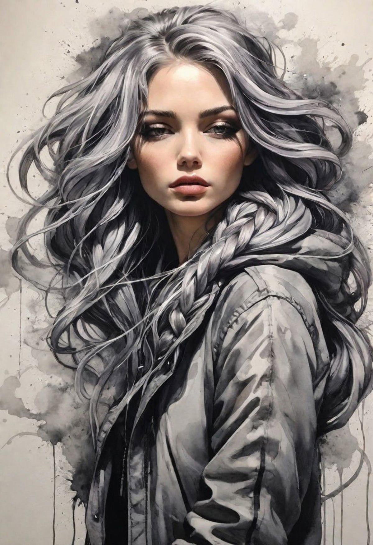 Ink illustration, ,a beautiful woman painted on wall with light, full body, wind, stunning beauty, soft light, grey hair, ...
