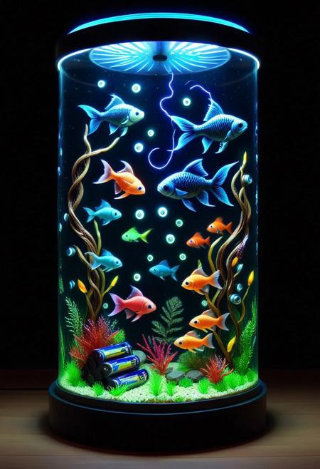 A transparent fish tank with swimming mechanical fish powered by tiny button cell batteries, glowing fins, bubbles shaped like lightning, (aquarium lighting:1.4), (colorful tones:1.3)
Tags: B4TT3R13S, made of batteries, lazympos