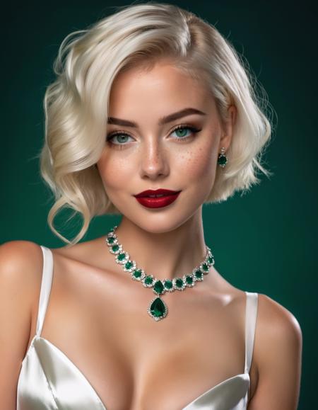breathtaking beautiful young woman, ((freckles, blushing)), (platinum blonde glossy short stylish haircut:1.0), beautiful emerald eyes, detailed irises, dark red lipstick, white necklace with a shiny emerald, coquette smile, (cute), eyelashes, ((high breasts, cleavage), tight waist, slim feminine figure, small round ass, rich look),, wearing elegant white silk body dress,, dark neutral background . award-winning, professional, highly detailed