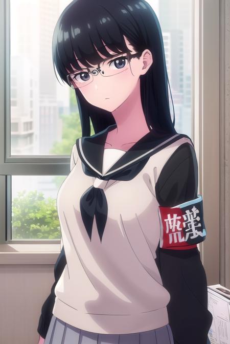 kyoukokuroyuri, <lora:kyouko kuroyuri s1-lora-nochekaiser:1>,
kyouko kuroyuri, long hair, black hair, (black eyes:1.5), glasses,
BREAK skirt, school uniform, pantyhose, pleated skirt, serafuku, armband, (black shirt:1.2),
BREAK indoors, classroom,
BREAK looking at viewer, (cowboy shot:1.5),
BREAK <lyco:GoodHands-beta2:1>, (masterpiece:1.2), best quality, high resolution, unity 8k wallpaper, (illustration:0.8), (beautiful detailed eyes:1.6), extremely detailed face, perfect lighting, extremely detailed CG, (perfect hands, perfect anatomy),