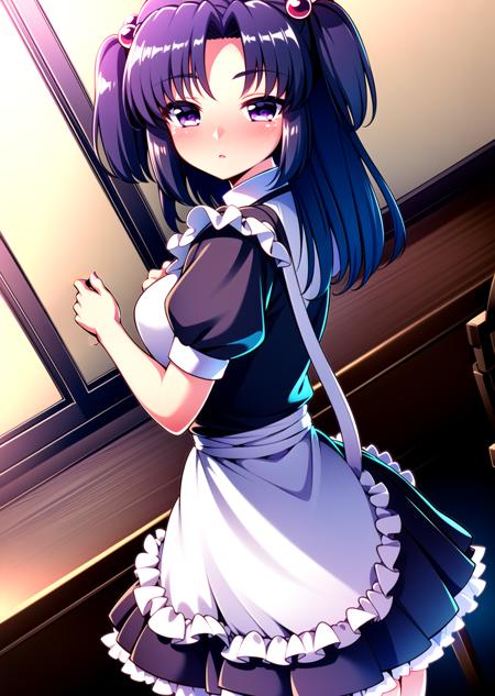 ((masterpiece)), ((best quality)), ((highres)), ((detailed background)), ((extremely detailed CG unity 8k wallpaper)), solo, restaurant, (maid uniform), blush, embarrassed,  <lora:ichinose kotomi:0.9>, ichinose kotomi, two side up, hair ornaments