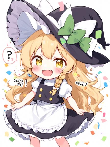 <lora:kirisame_marisa:1>,1girl, solo, kirisame_marisa, witch_hat, chibi, hat, blonde_hair, long_hair, braid, open_mouth, yellow_eyes, bow, short_sleeves, apron, waist_apron, ?, single_braid, white_bow, black_vest, hat_bow, green_bow, black_headwear, smile, hair_bow, :d, standing, vest, shirt, white_shirt, blush_stickers, white_apron, buttons, puffy_sleeves, emphasis_lines, full_body, puffy_short_sleeves, skirt, drooling, confetti, white_background