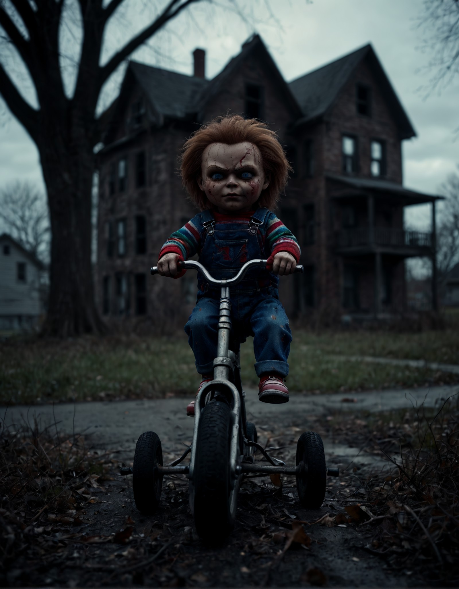 breathtaking, Chucky the Doll riding on a tricycle through an eerie abandoned neighborhood decaying houses, large dead tre...