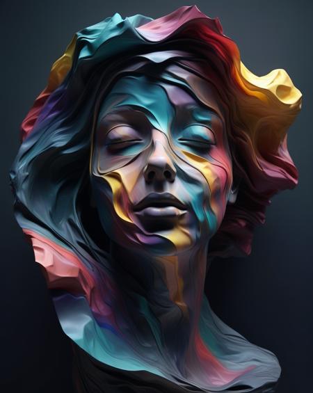 dark sky,abstract waves of colors blending together conforming a woman face,in the style of 3d render,  crumpled,  ethereal sculpture, breathtaking,award-winning, masterpiece, professional, majestic, expressive, striking, evocative
