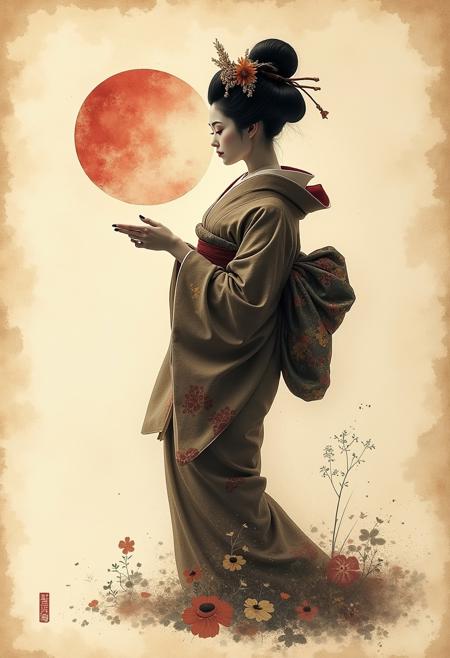 geisha on rice paper, grunge, ink, watercolor, silhouette, masterpiece, sepia