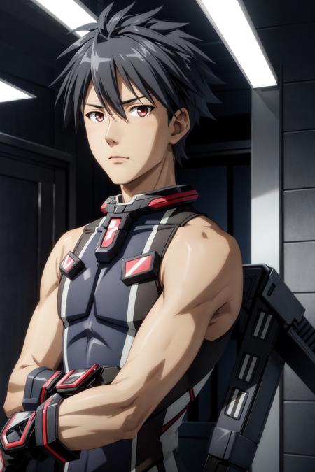 (realistic:1.2), kisaragi hayato\(hundred\), variable suit\(kisaragi hayato\), 1boy, solo, looking at viewer, male focus, sleeveless, bare shoulders, gloves, short hair, bangs, black hair, hair between eyes, black gloves