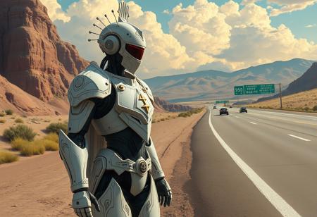 Create a high-quality, lifelike image of a robot adeptus astartes, inspired by the artwork of Alphonse Mucha, Greg Rutkowski, Loish, Rhads, Beeple, Makoto Shinkai, Lois van Baarle, Ilya Kuvshinov, Rossdraws, and Tom Bagshaw. The robot should be standing on the side of Highway 5, near Albuquerque, and should be dressed in modern, clean, white ornate cosplay armor. The armor should have a holy, celestial theme, with details inspired by the cleric class. The robot should be walking to work, with a hint of homelessness in its demeanor.
