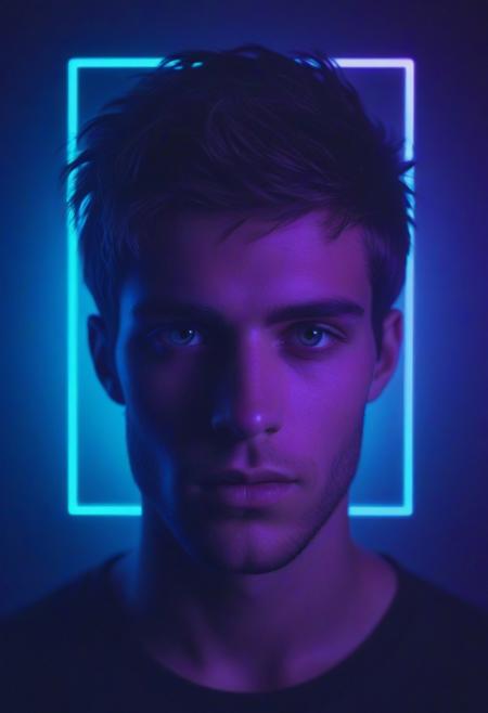 Young man, moody, slightly dark, gradient, artsy, pop album cover shot, graphic design background, ethereal glow surrounds his head, mystic shine, blue purple neon lights