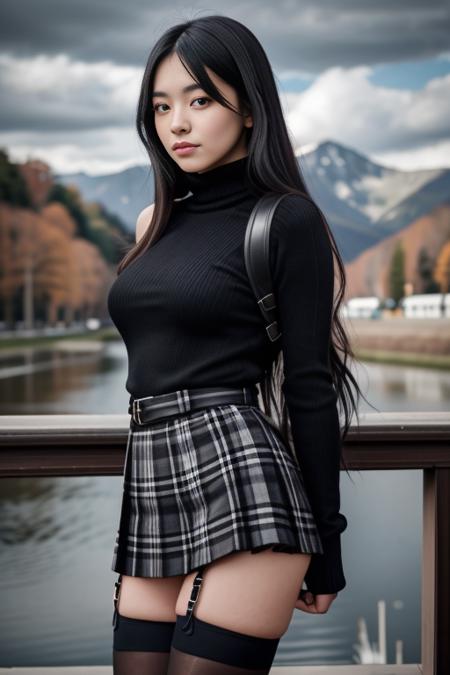 1 woman, 22yo, realistic, masterpiece, high detailed skin, looking at viewer, full body shot, scenic view, long hair, black hair
Black School Dress, thighhighs, plaid pleated mini skirt, black sweater, turtleneck, harness
<lora:RB_School_Dress_By_Stable_Yogi:0.8>