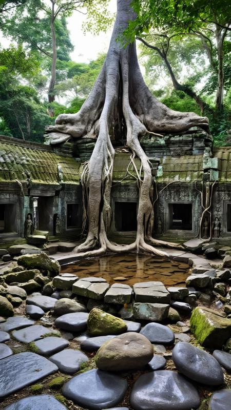 <lora:JJsTempleRuin_XL:1>,   (Temple Ruin)), ((masterpiece)), ((best quality)), scenery, outdoor, real world location,  sky, cloud,,day,water,tree,  pool,forest,tree root, stones,