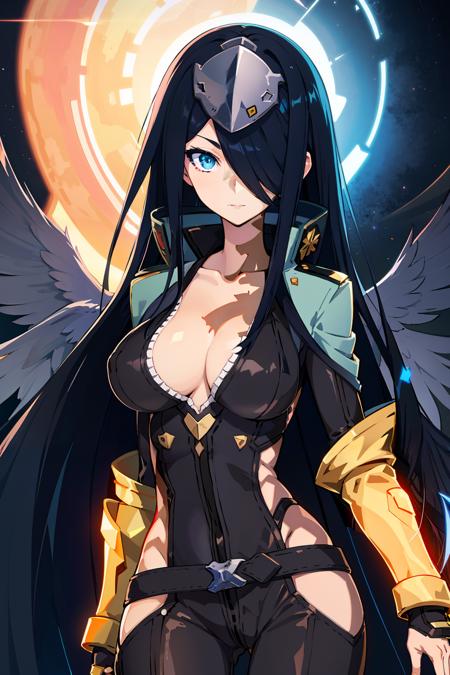 absurdres, highres, (official art, beautiful and aesthetic:1.2), front view, 1girl, solo, <lora:pawoonekoyanagi7:1>, pawoonekoyanagi, hair over one eye, very long hair, black hair, blue eyes, jacket, fingerless gloves, large breasts, (shining eyes:1.2), (fractal art, (kaleidoscope:0.9), colorfield painting), (shine effects, seraph effects, lighting effects:1.25), upper body, looking at camera,