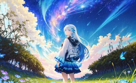 1girl,solo, expressionless,(+++a girl with lightblue long gradient hair and blue aqua eyes:1.2+++),with butterfly,standing , constricted pupils, (beautiful detailed eyes) ,(hair flowers),small breasts, long bangs,hime cut,(solo:1.5),very wide shot,
at night,starry sky, star \(sky\), 
(butterfly:1.1)(beautiful detailed Grassland,Meteor streaks across the sky:1.3),(starry sky),
 <lora:mocha2:1>