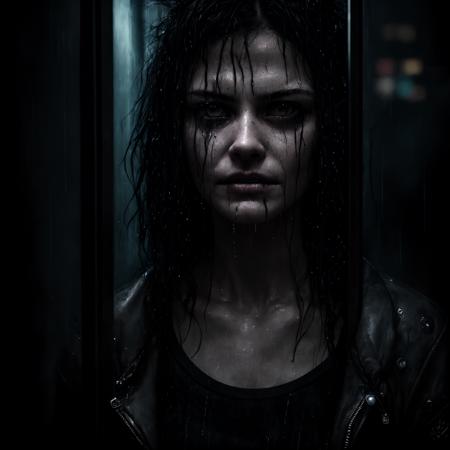 raw photo of cyberpunk woman 30 age old, deep night, dark room, hight quaility, detailed skin, rain drops on face, wet hair, reflection, hdr, angry smirk