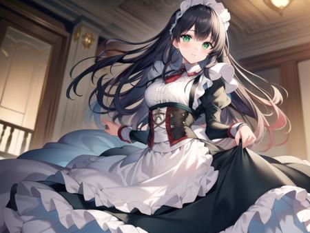 (hyper extreme detailed),(masterpeace),(hyper extreme),(photorealistic),CG,(colour:1.4), beautiful lighting,light from the front, solo,rating:safe, <lora:curacoa:0.6>,curacoa,lihgt black hair,long hair,green eye,maid,corset,boots,