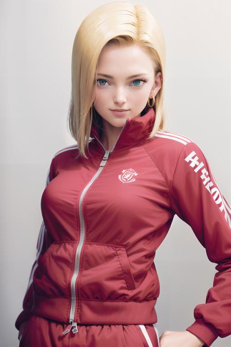 masterpiece, (photorealistic:1.4), best quality, beautiful lighting,Android18DB, solo, earrings, jewelry, looking_at_viewer, jacket, smile, breasts, simple_background, white_background, long_sleeves, pants, track_jacket, track_suit, crossed_arms, pink_jacket, red_jacket,  RAW photo, 8k uhd, film grain, <lora:Android18DB:1.2>