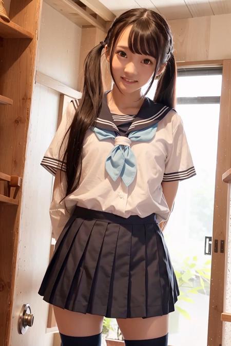 (4k, best quality), (realistic, photo-realistic),1girl, solo,(full body),
twintails,long_hair,  black_hair,
beautiful detailed eyes, (smile),(looking at viewer),
standing,perfect skin,
slender,slender legs,
neckerchief, pleated_skirt, sailor_collar, school_uniform, serafuku,
indoors,window, <lora:remu_hayami_v10:0.7>