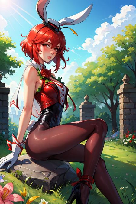 masterpiece, best quality, minerva, fake bunny ears, leotard, hat, rabbit tail, white gloves, brown pantyhose, high heels, looking at viewer, from side, sitting, blushing, garden, stone wall, spring, flowers <lora:minerva-nvwls-v1-000010:0.9>