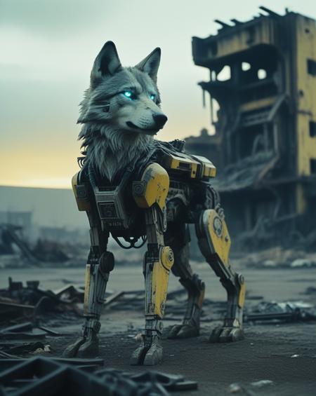 A cybernetic wolf stands amidst ruins, with one side resembling a mechanical robot and the other side retaining its natural fur. The background is a desolate wasteland with crumbling buildings, rusted machinery, and a toxic yellow sky. Incorporate subtle details like glowing blue circuits, exposed wires, and worn leather straps to convey a sense of decay and technological overreach