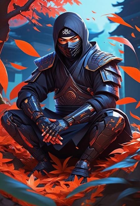 fcNeg, Create a captivating and high-quality digital illustration featuring a mysterious and powerful ninja-like character, inspired by Omen from the popular game Valorant. The character should be depicted sitting calmly in the center of a pile of leaves, with a fractal cyborg ninja background that highlights his cybernetic enhancements and futuristic technology.
The illustration should emphasize the character's mystic and enigmatic nature, showcasing the intricate details of his cybernetic enhancements and the futuristic technology embedded in his body. Use a combination of vibrant and muted colors to create a striking contrast between the character and his background, highlighting his presence and power.
The overall design should capture the intrigue and mystery of this ninja character, showcasing him as a powerful and enigmatic figure who embodies the essence of the shinobi and ronin traditions. The illustration should serve as a tribute to the popularity and fan following of Omen and the world of Valorant, inviting viewers to explore and appreciate the character's unique blend of mysticism and technology.