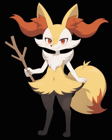 1girl, solo, smile, simple background, red eyes, animal ears, closed mouth, standing, tail, full body, flat chest, animal ear fluff, fox ears, pokemon (creature), fox tail, happy, black background, fox girl, furry, fur collar, outline, furry female, white outline, body fur, white fur, animal nose, snout, stick, yellow fur, black fur, holding stick, digitigrade, multicolored fur , braixen, 8K, masterpiece, beautiful